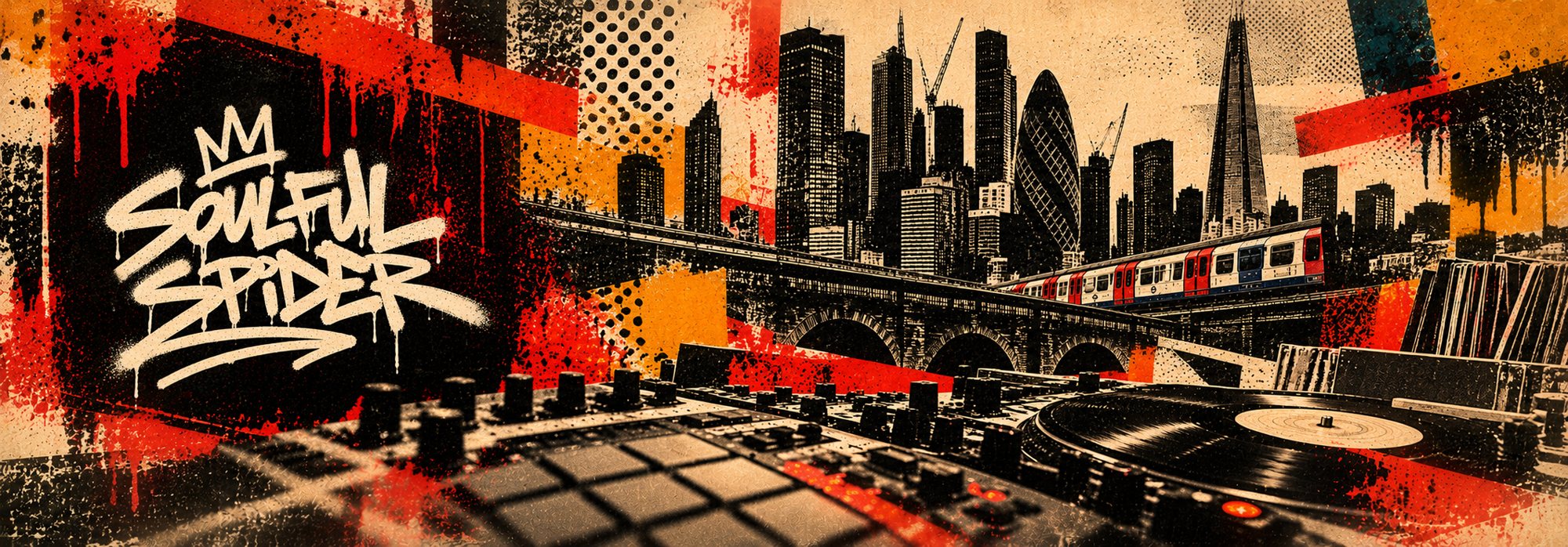 Soulful Spider: graffiti logo over a collage of the London skyline, a Tube train, a sampler and a turntable