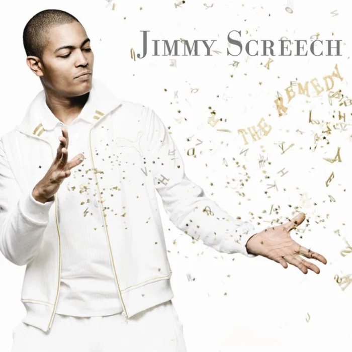 Jimmy Screech, The Remedy album cover: a man in a white tracksuit with gold letters swirling around him